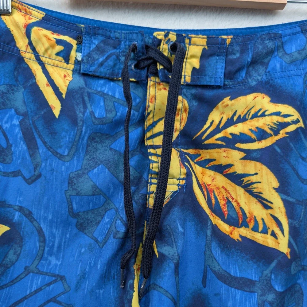 VTG Quiksilver Board Shorts Mens 35 Blue Yellow Floral Hibiscus Surf Relaxed Y2K